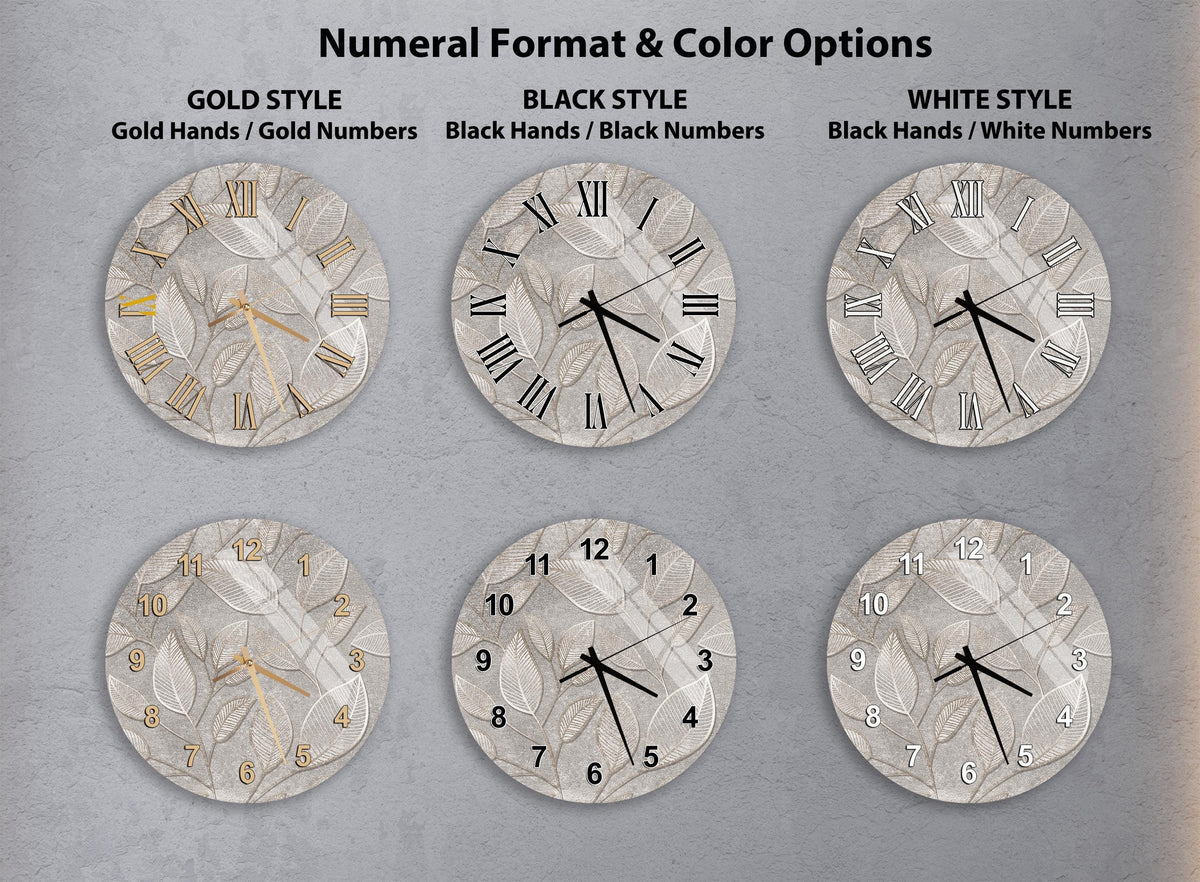 a collection of six clock faces with different styles and color options, arranged in a grid format.