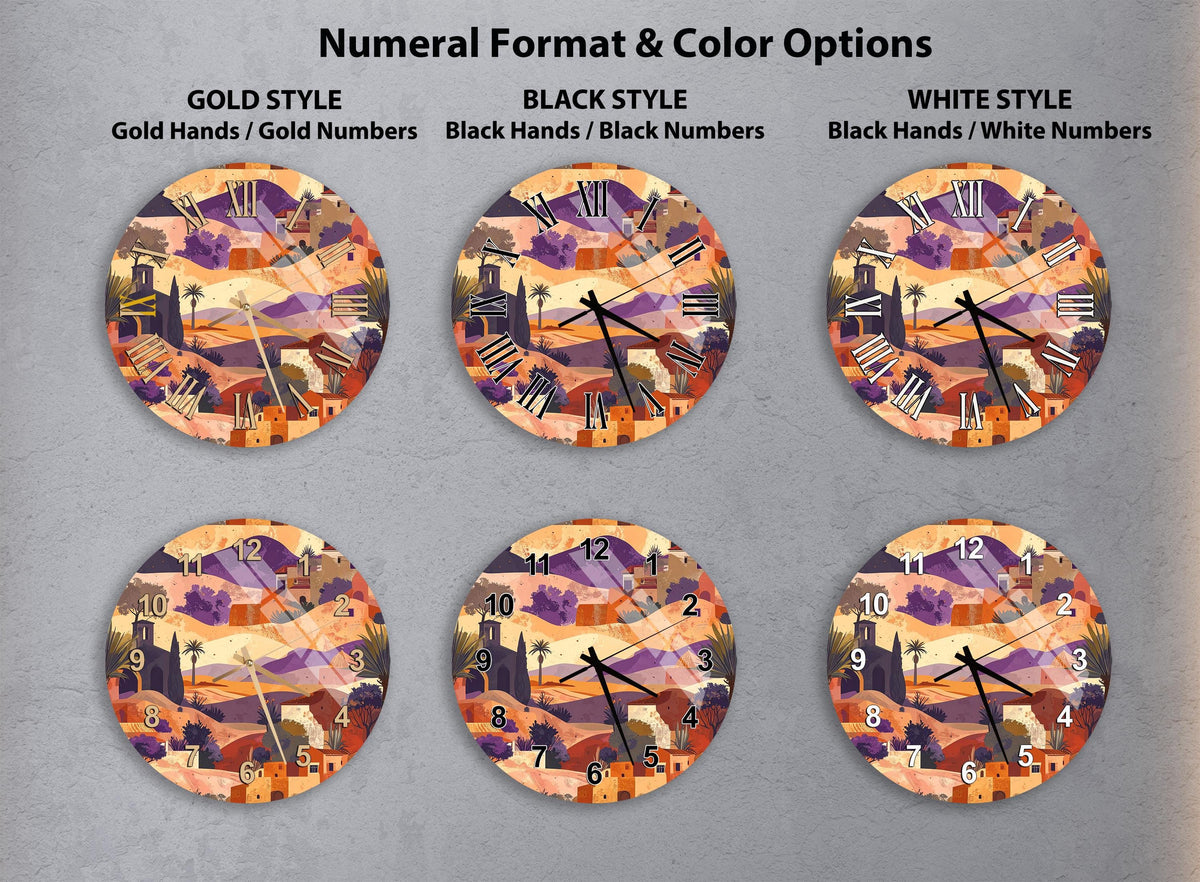 six different clock faces with various styles and color options, including gold, black, white, and black and white.
