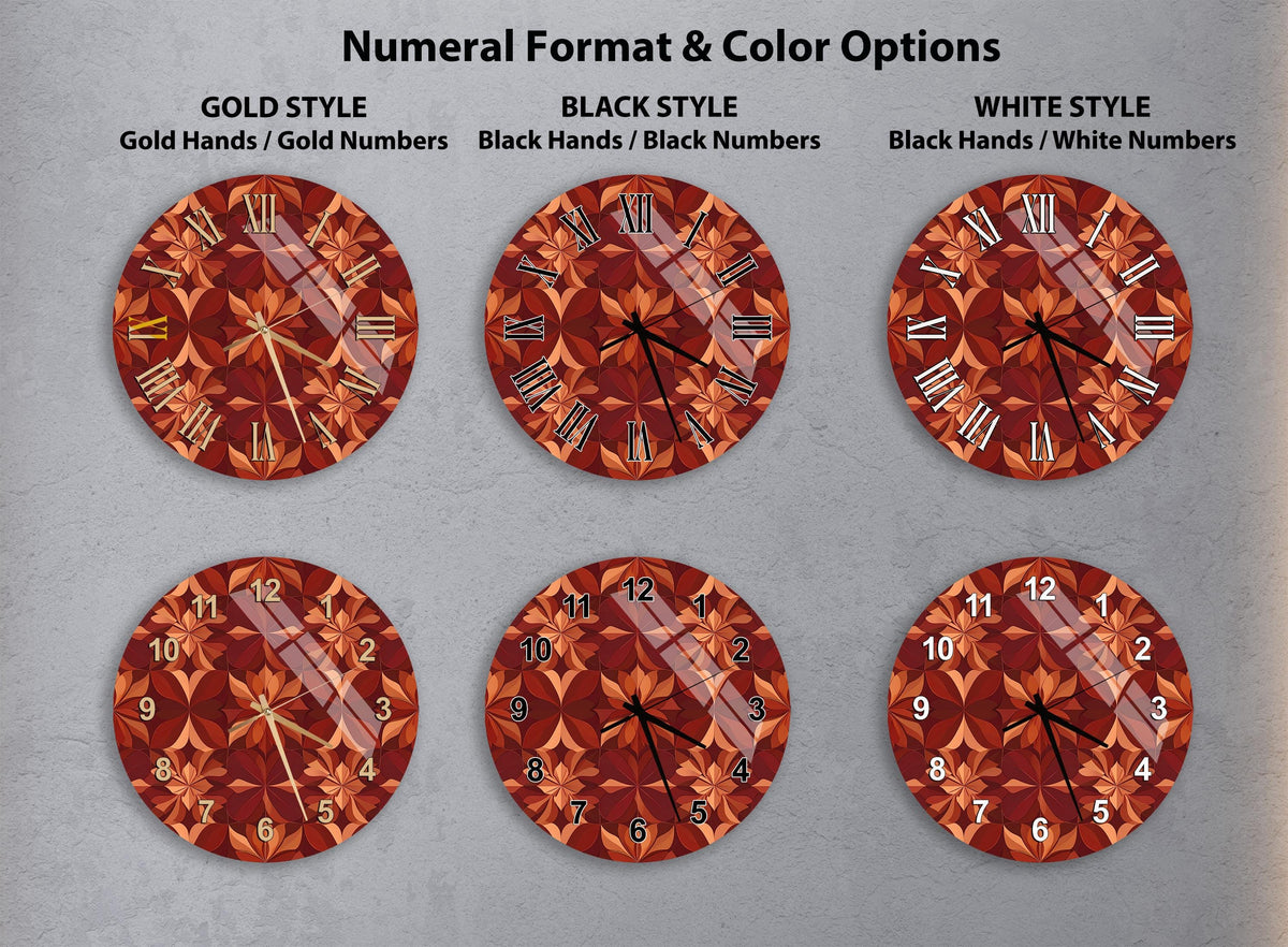six different wall clocks with various styles and color options, including gold, black, white, and black and white.