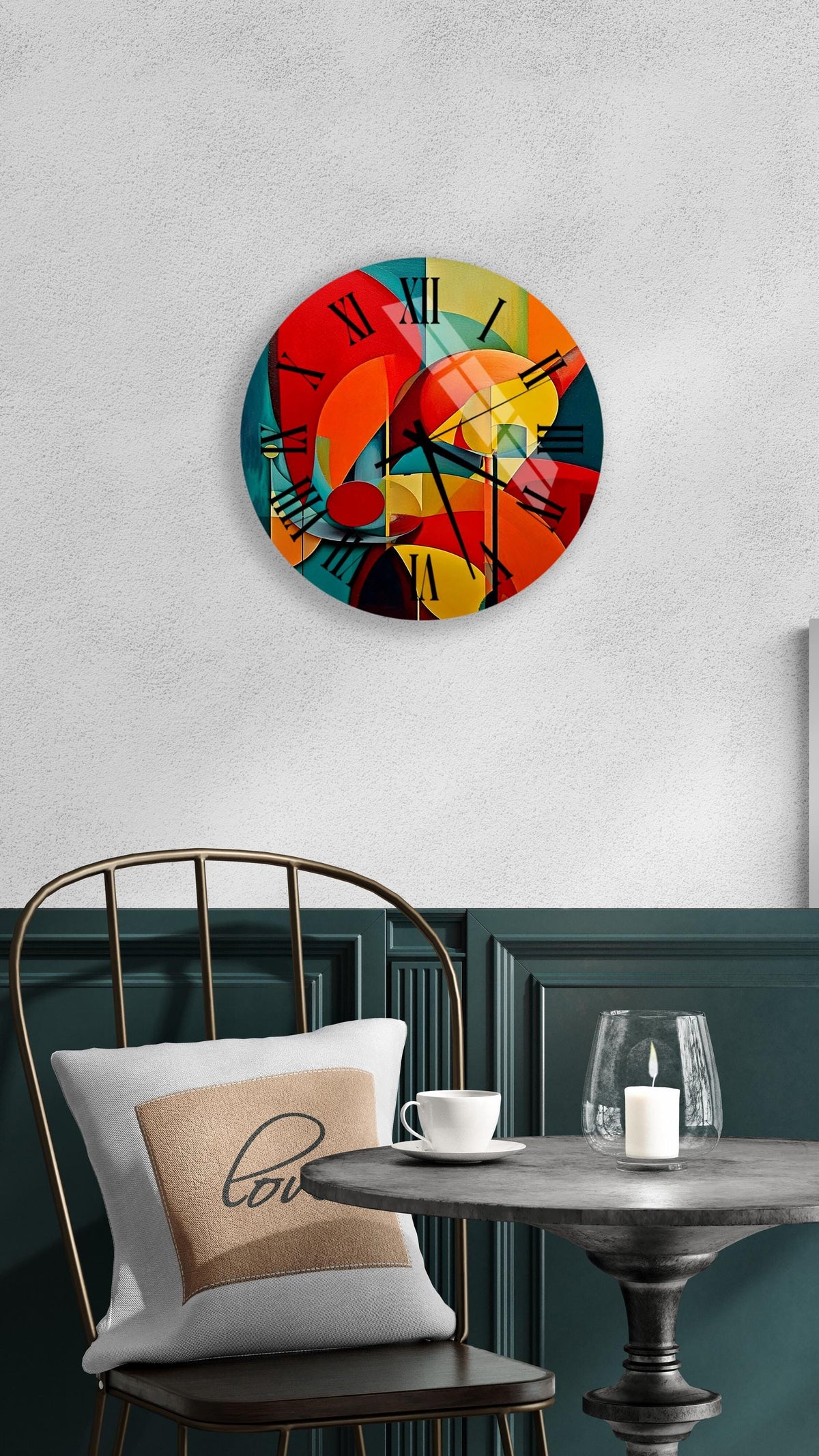 a clock that is on the wall above a table