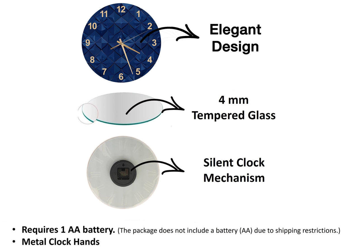 The image is a diagram that illustrates the features of a clock, including its design, materials, and functionality.