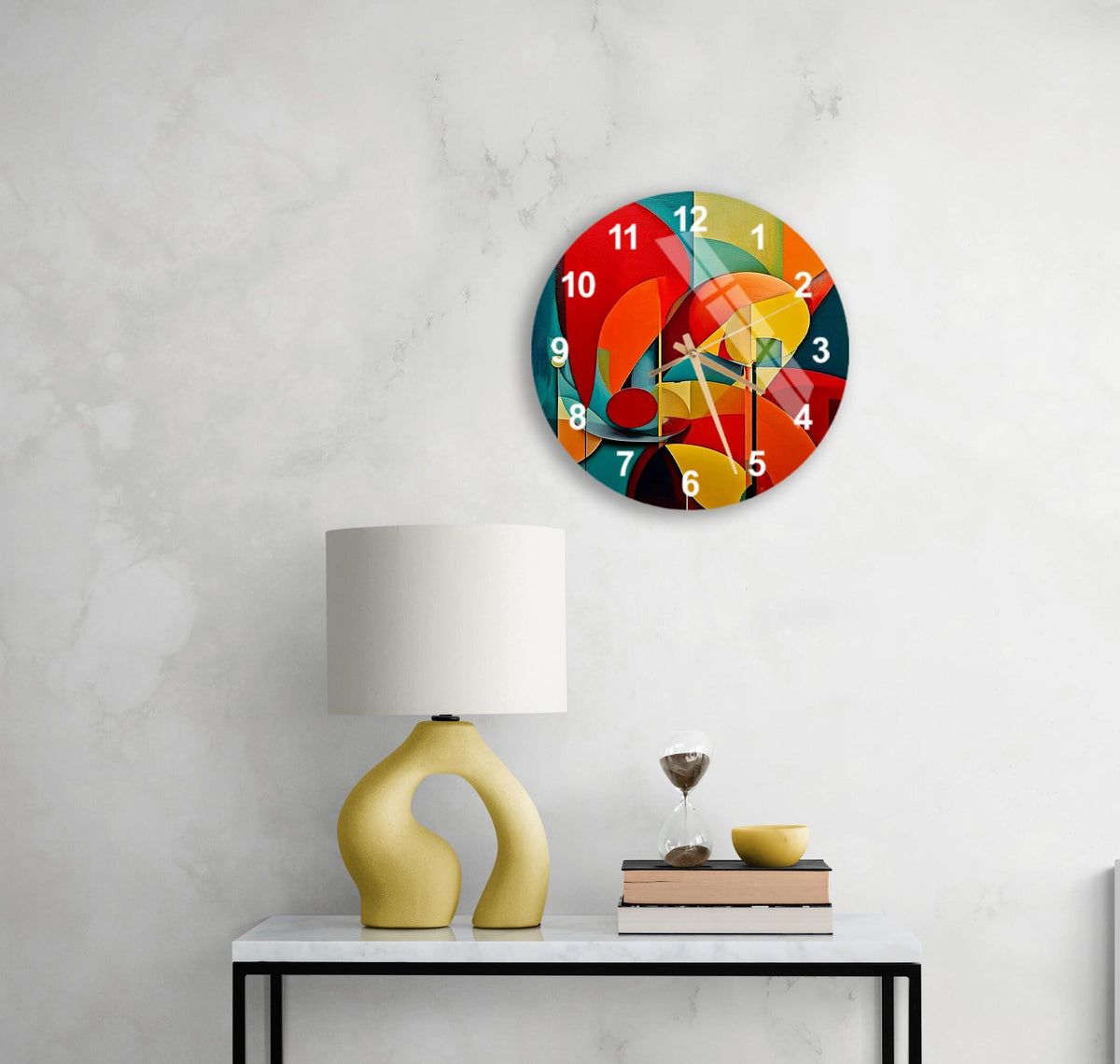 a table with a lamp and a clock on it