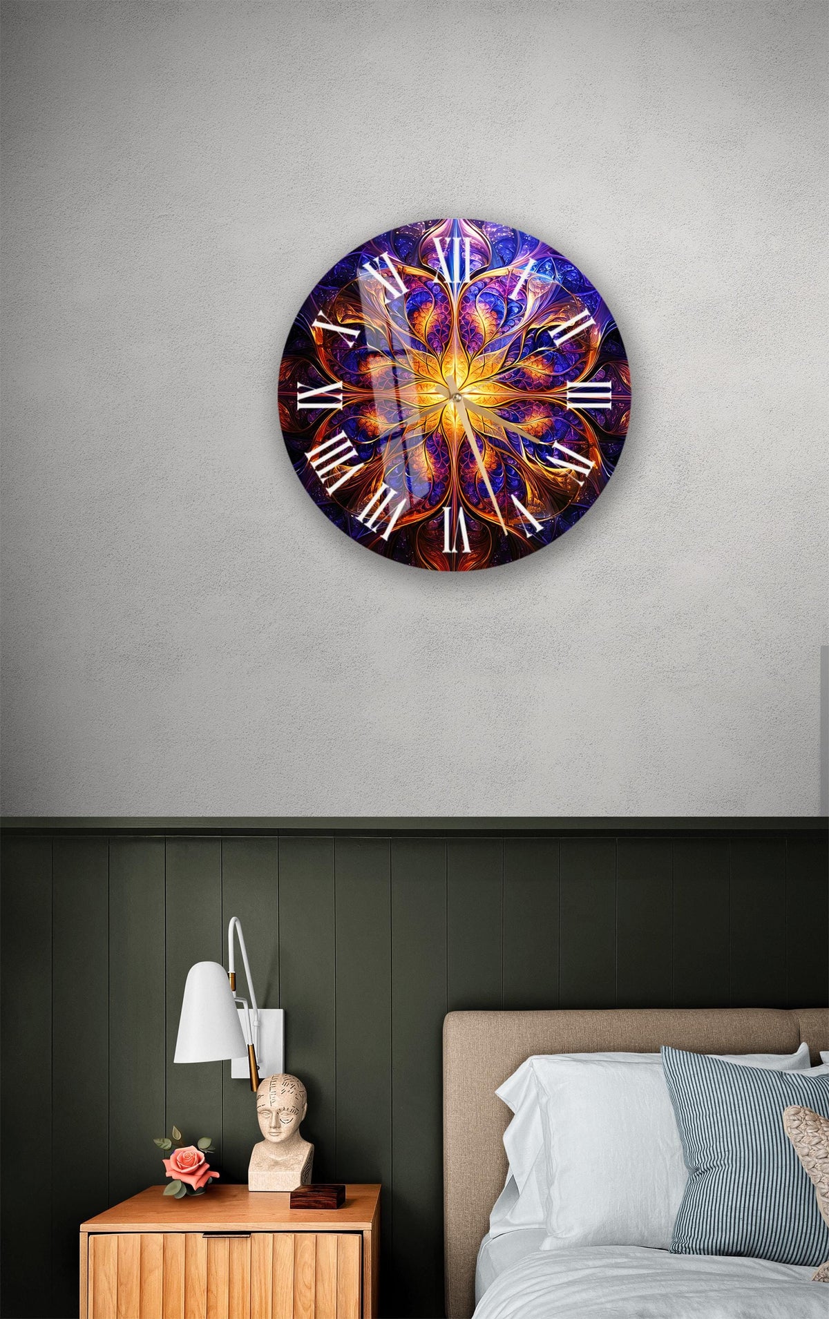 a bedroom with a bed and a large clock on the wall