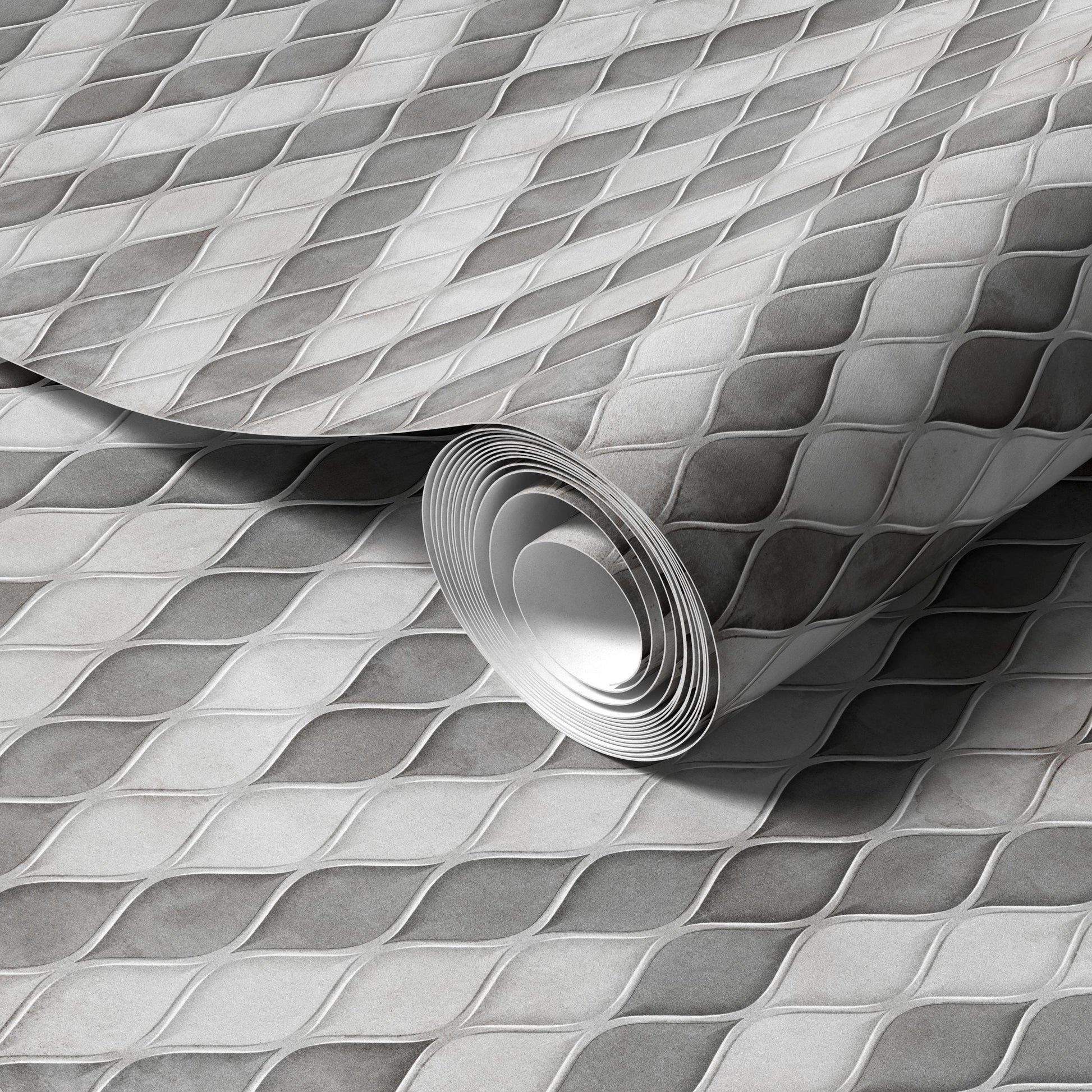 A roll of patterned wallpaper or vinyl is shown in the image, with a geometric pattern of diamond shapes in shades of gray and white.