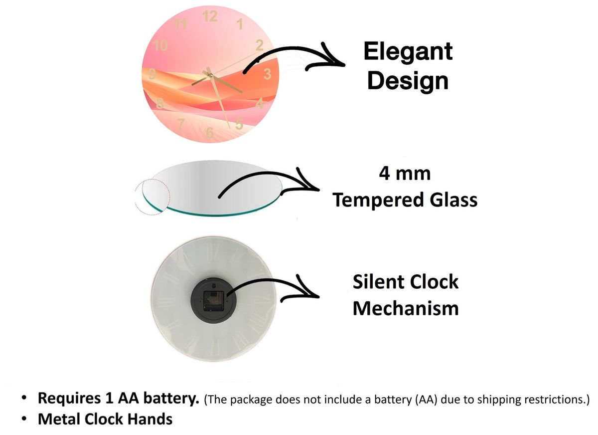 The image is a diagram that illustrates the features of a clock, including its design, materials, and mechanism.