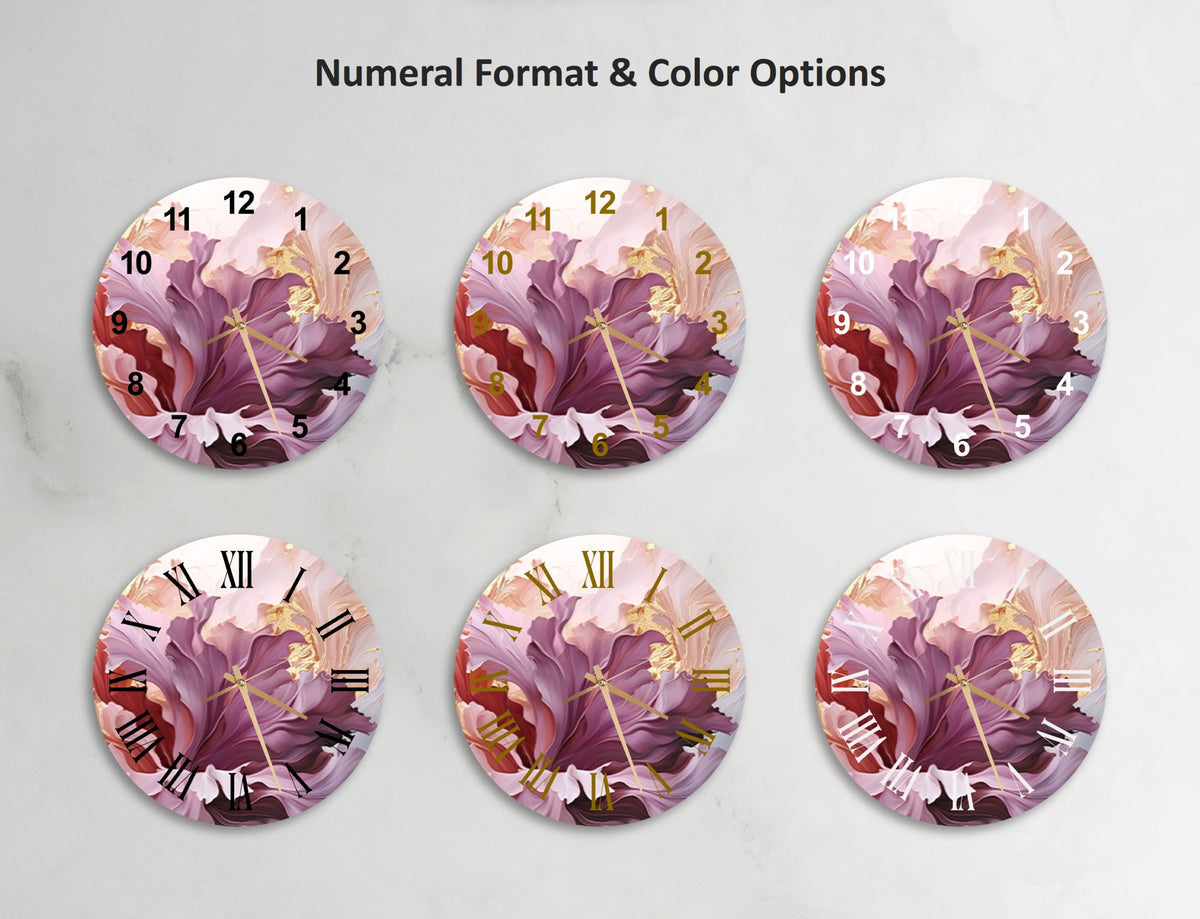 a set of four clocks with flowers painted on them