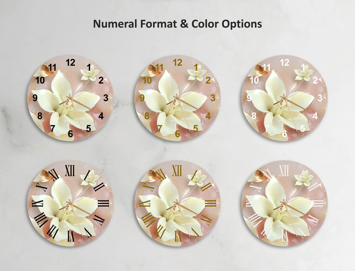 a set of four clocks with flowers on them