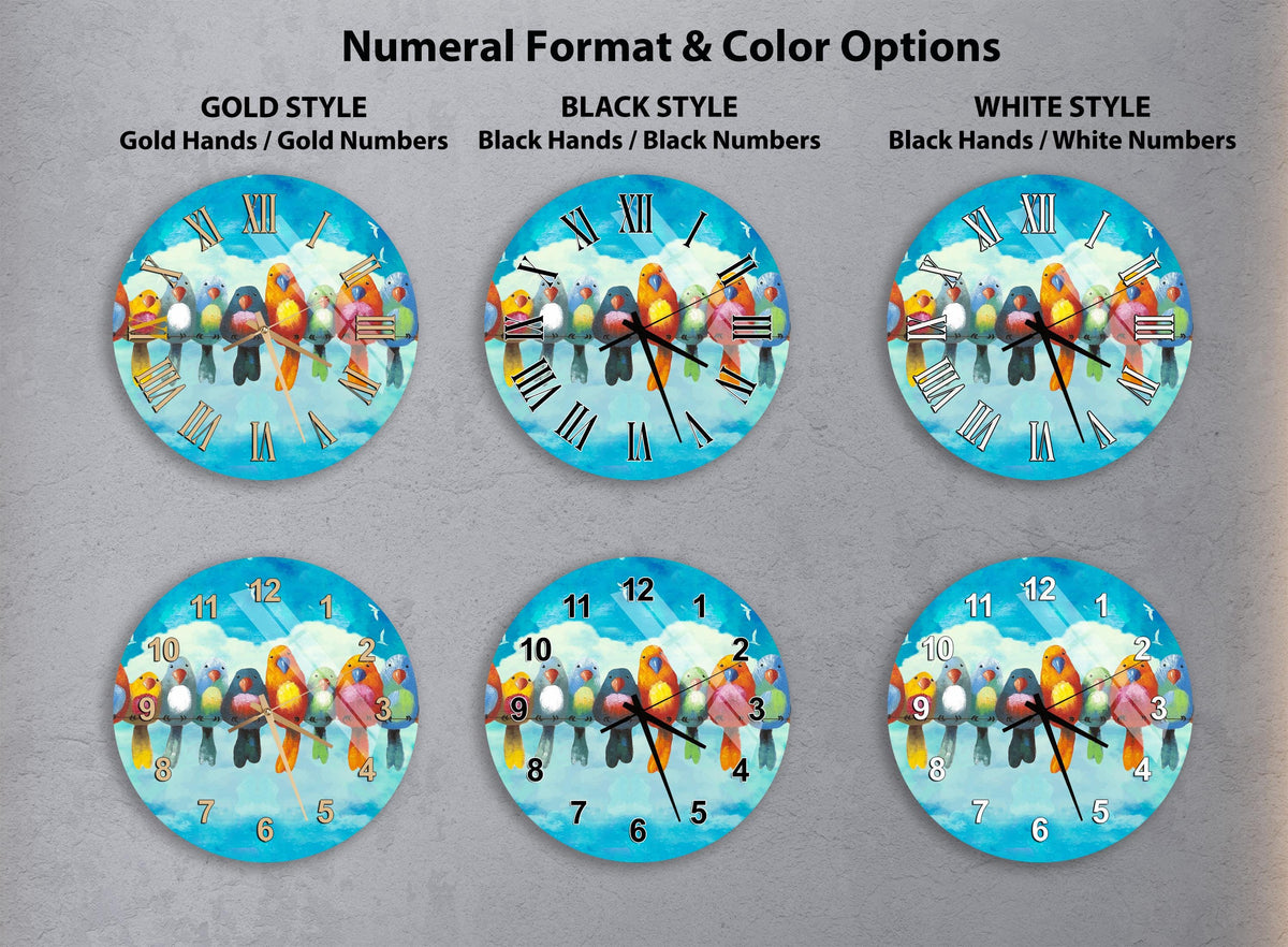 six different clock designs, each with a unique style and color scheme. The clocks feature a bird theme, with the birds depicted in various colors and positions. The clocks are arranged in a grid format, with three rows and two columns, showcasing the different styles and color options available for these wall clocks.