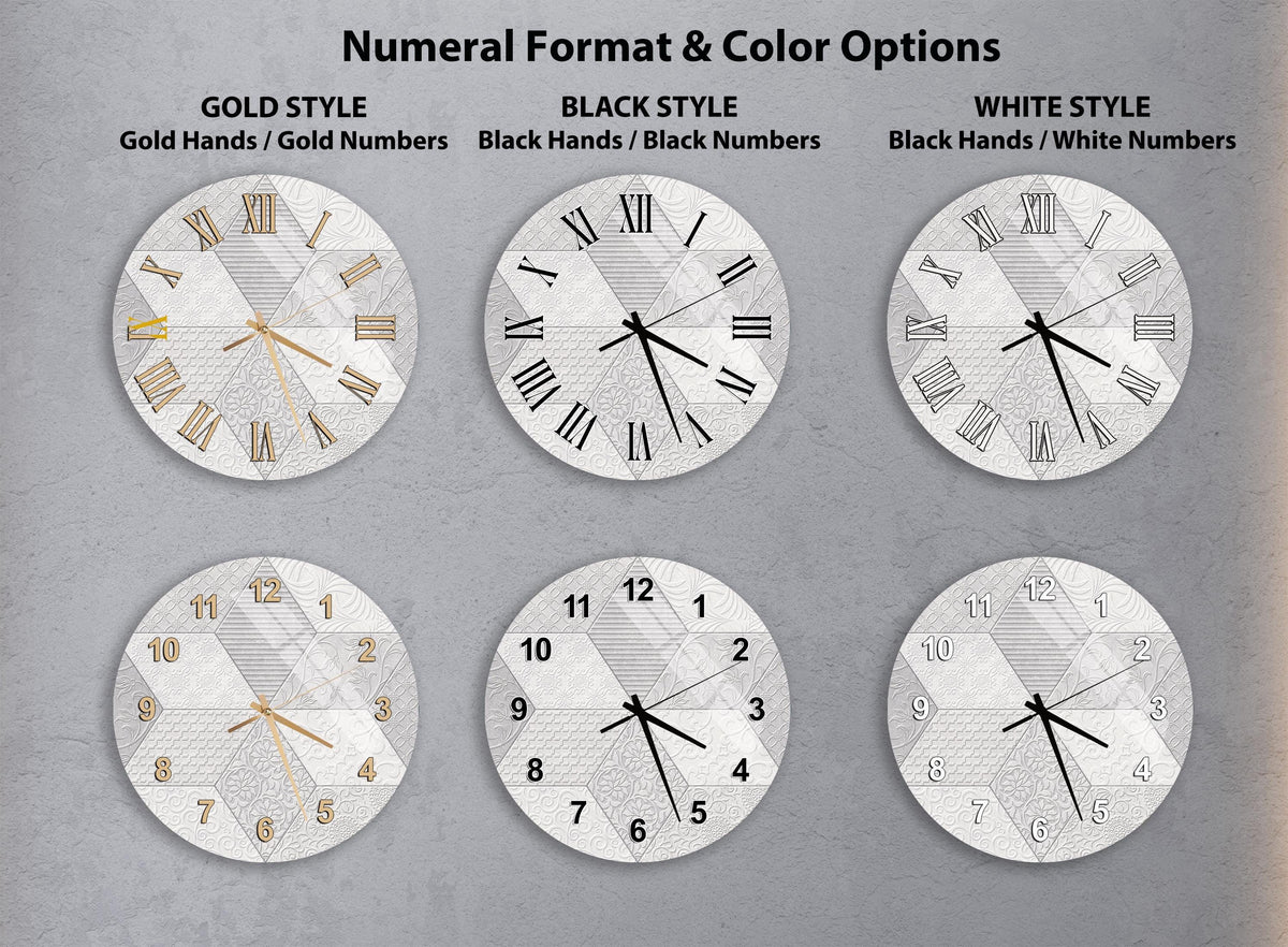 a collection of six different clock designs, each with a unique style and color option. The clocks are arranged in a grid format, with two rows and three columns, showcasing various styles and color schemes.
