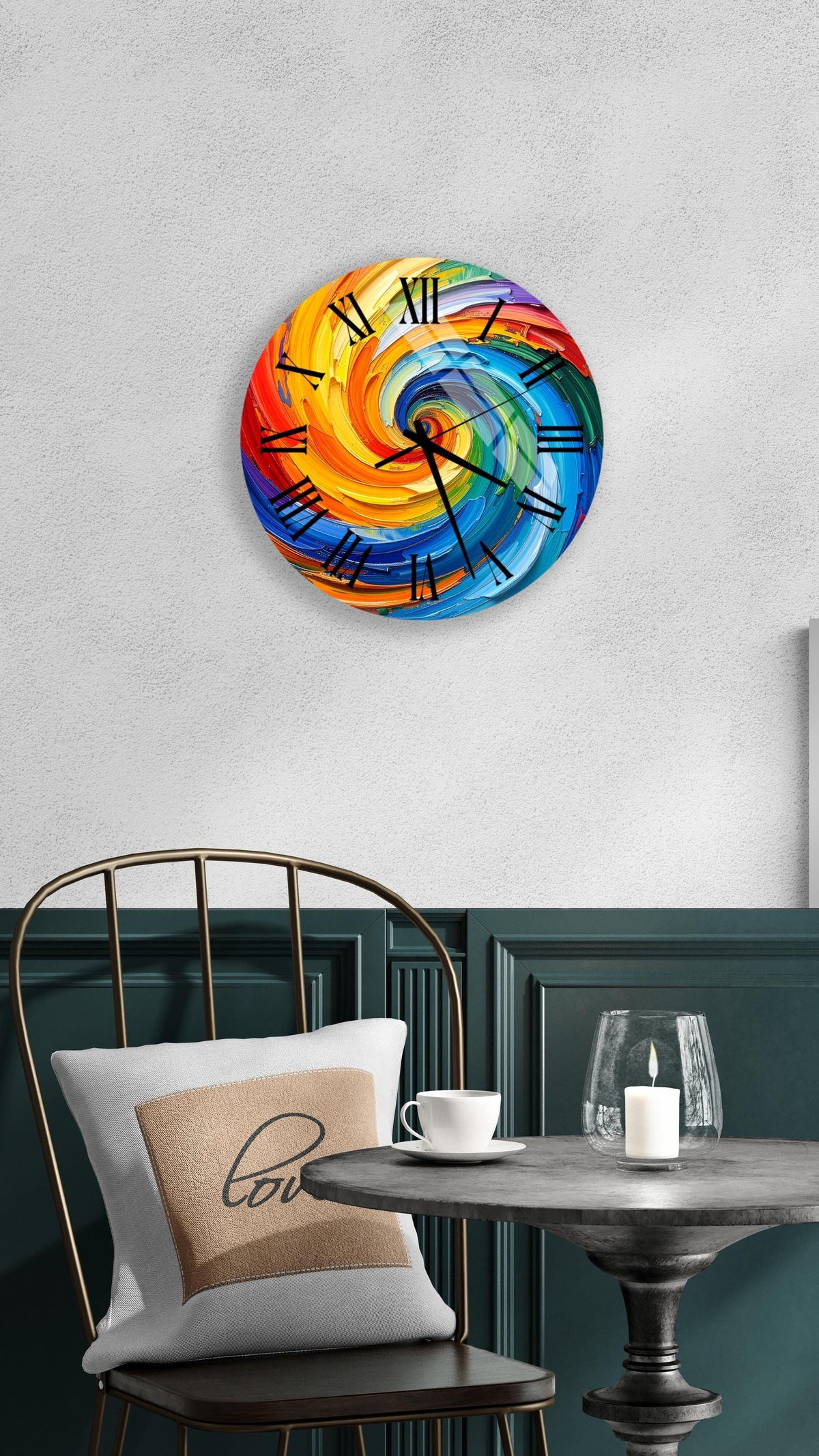 a colorful, abstract clock with swirling patterns on its face, mounted on a wall above a table with a white tablecloth.