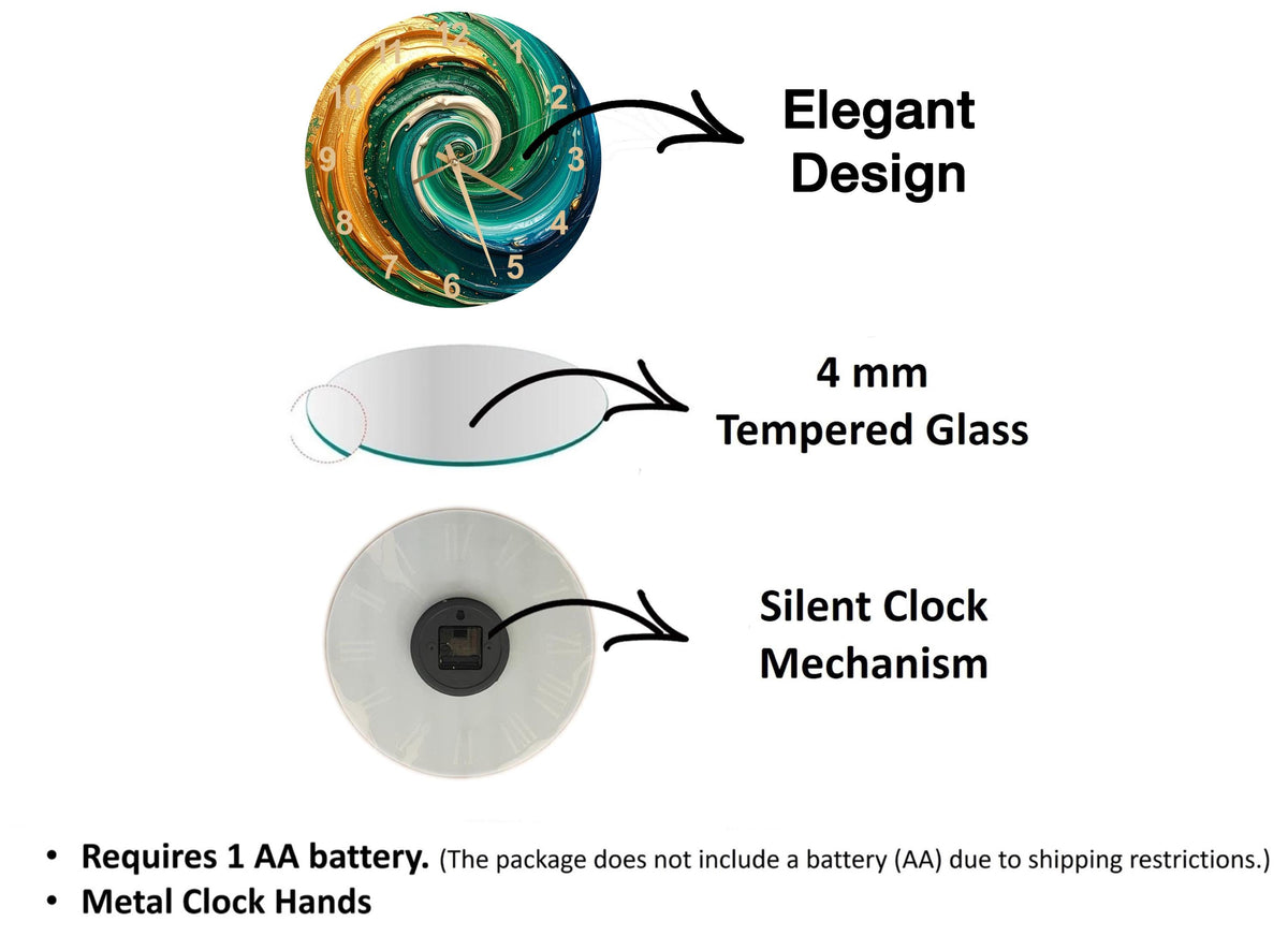 The image is a diagram that illustrates the features of a clock, including its design, size, and mechanism.