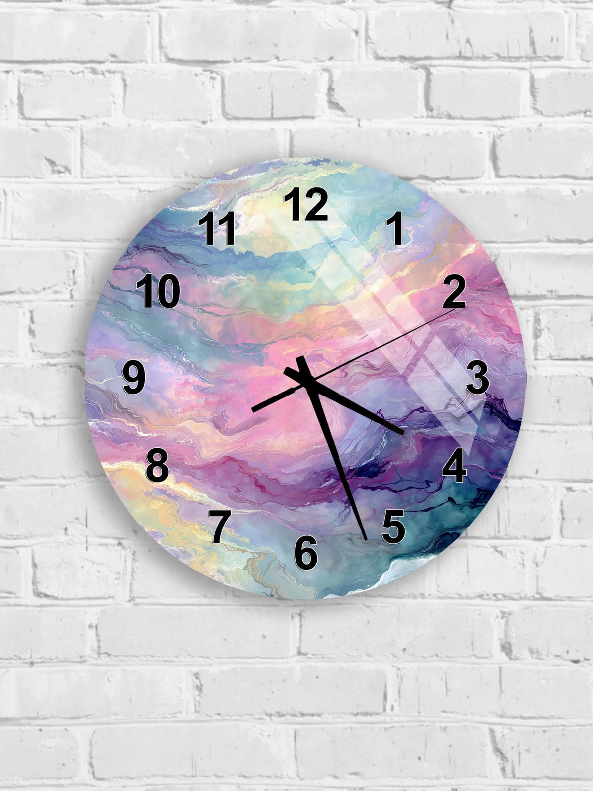 A wall clock with a colorful, abstract design featuring a gradient of colors and swirling patterns.