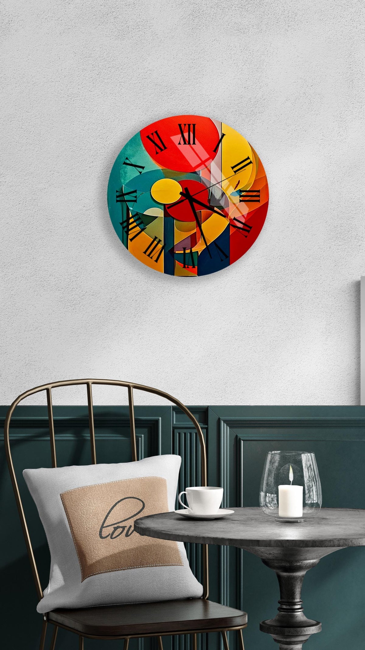 a clock that is on the wall above a table