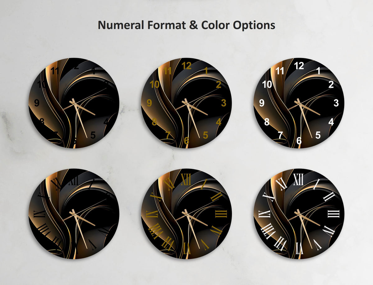 a set of four black and gold clock faces