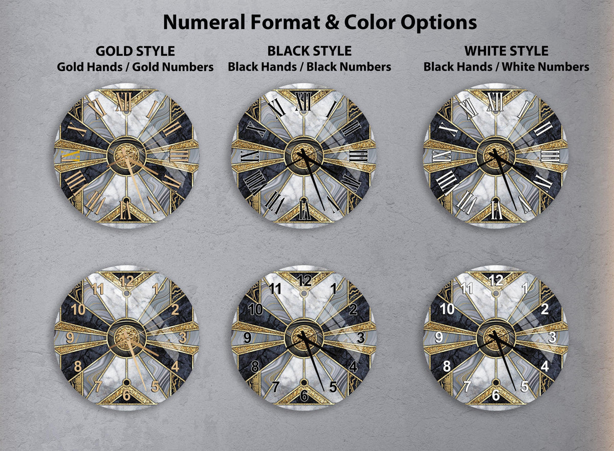 six clock faces with different styles and color options, including gold hands and numbers, black hands and numbers, and white hands and numbers.