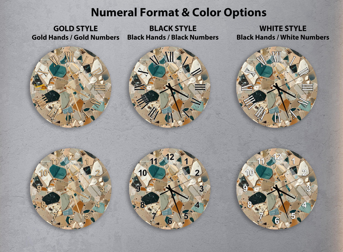 six different clock faces with various styles and color options, including gold, black, white, and black and white.