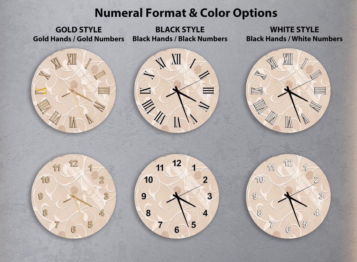 a collection of six clock faces with different styles and color options, arranged in a grid format.