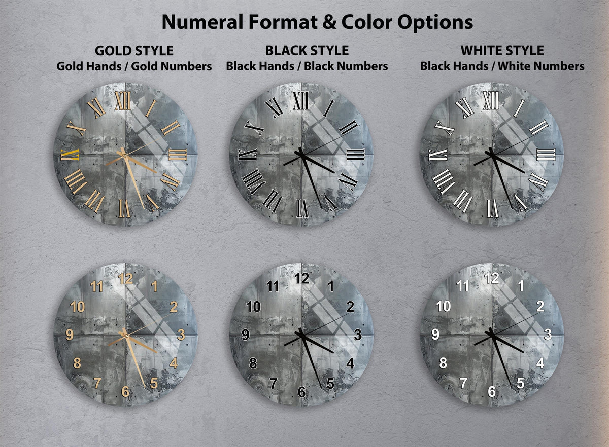 a collection of six wall clocks with different styles and color options, arranged in a grid format.