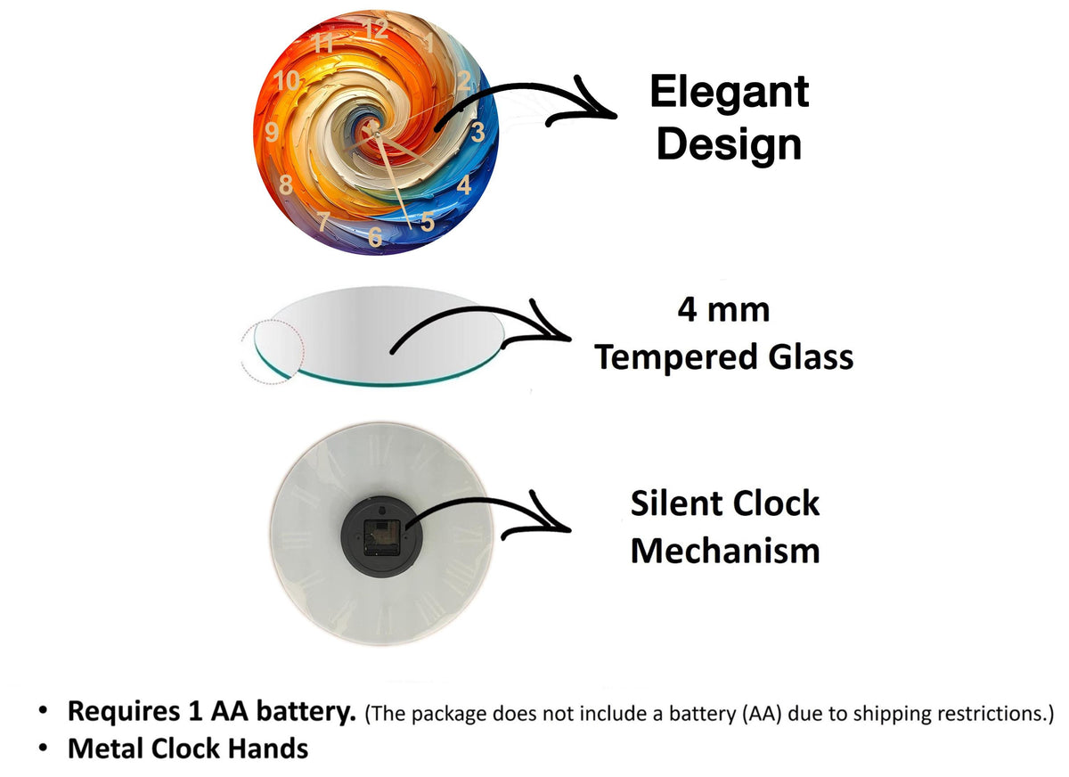 The image is a diagram that illustrates the features of a clock, including its design, size, and mechanism. It shows a 4 mm Tempered Glass clock, a silent clock mechanism, and a metal clock hand. The diagram also includes text that explains the features of the clock, such as the requirement of a 1 AA battery and the absence of a battery (AA) due to shipping restrictions.