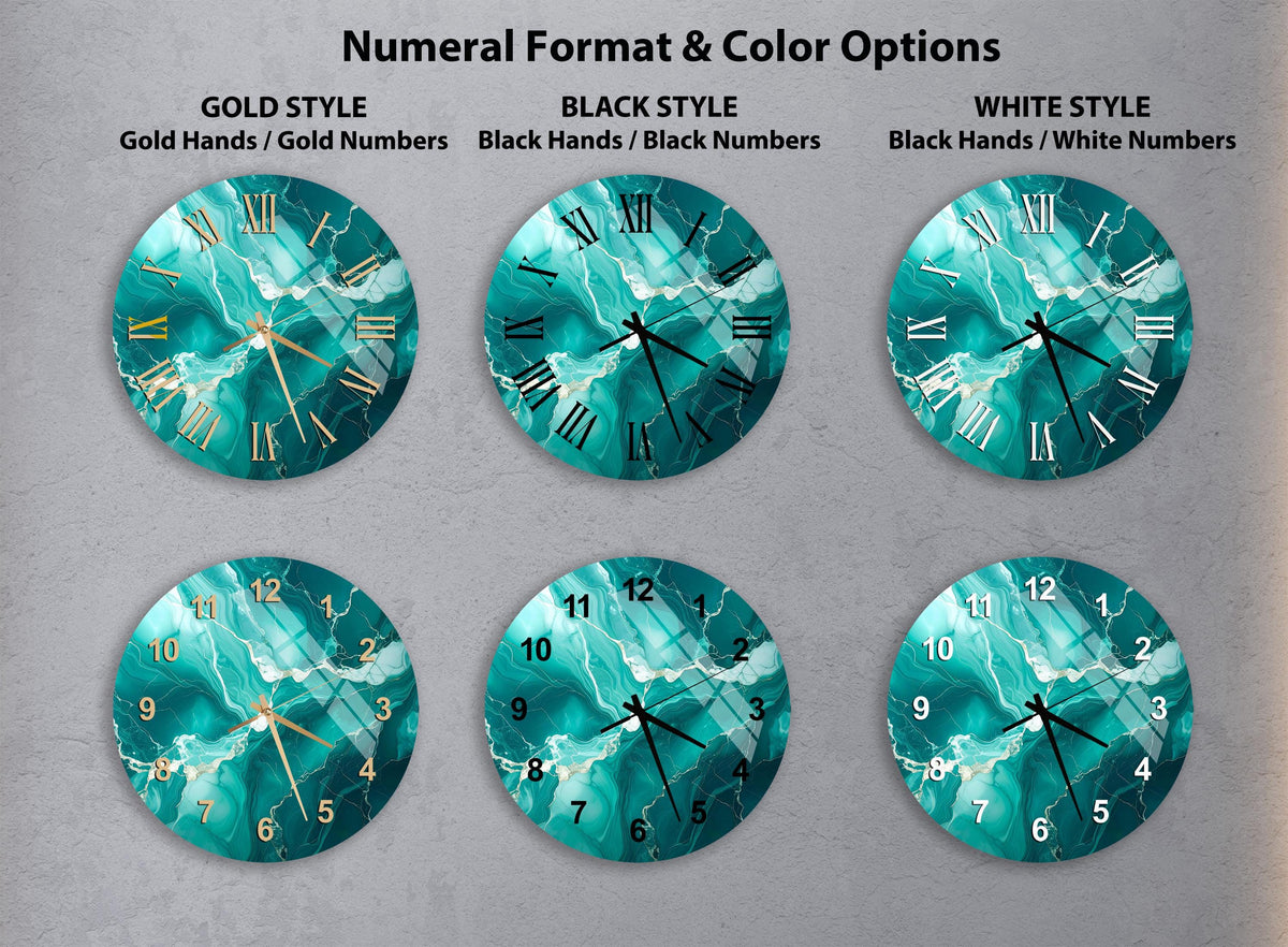 a collection of six clock faces with different styles and color options, including gold hands, black hands, black numbers, and white numbers.