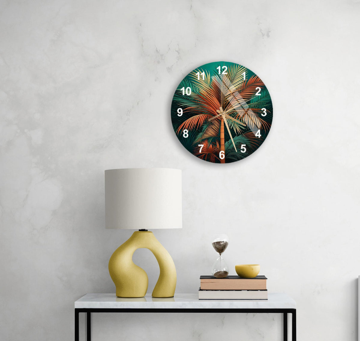 a table with a lamp and a clock on it