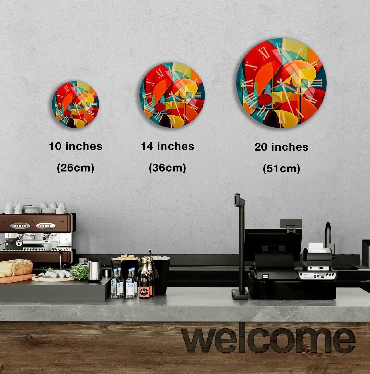 a coffee shop with three clocks on the wall