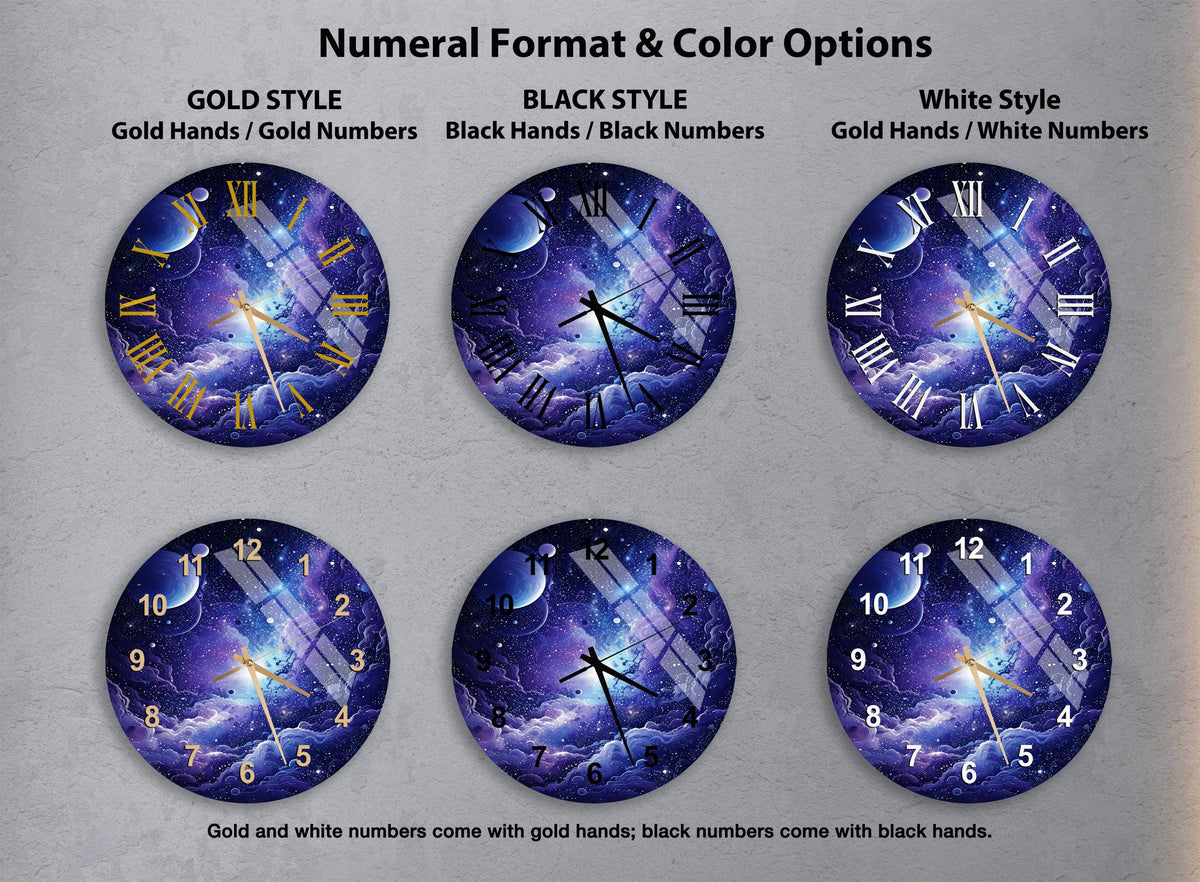 a set of four clocks with different designs on them