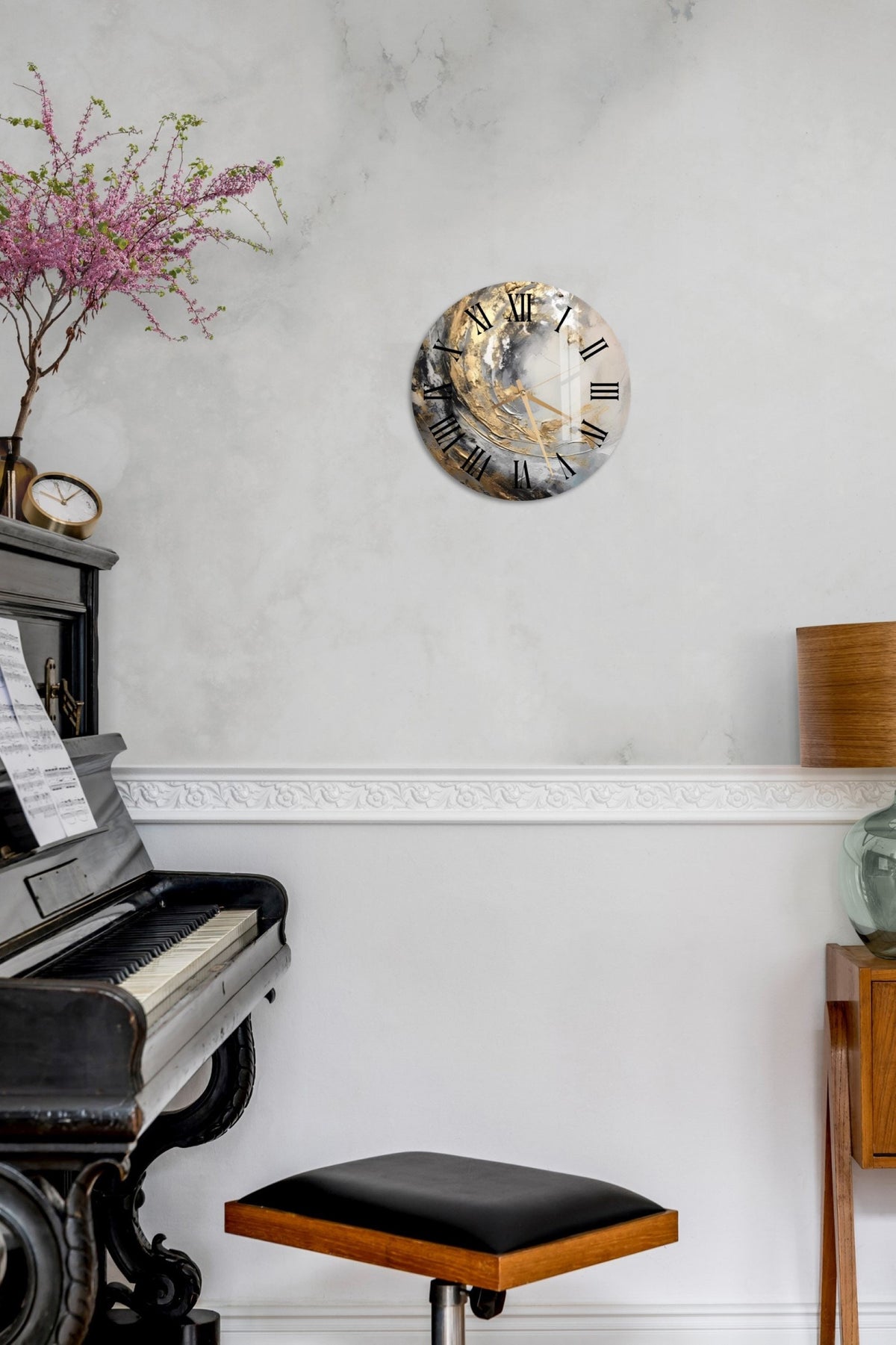 a room with a piano and a clock on the wall