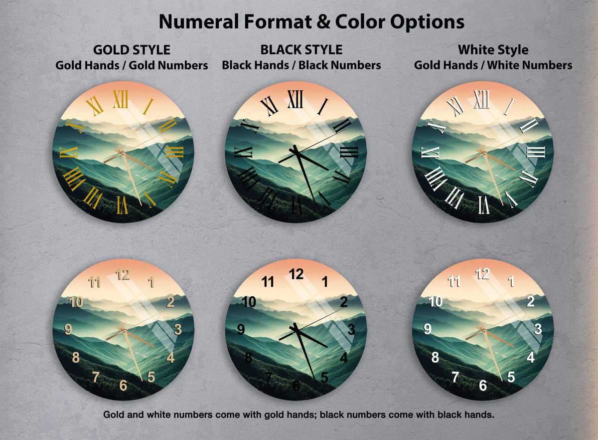 a set of four round wall clocks with different designs