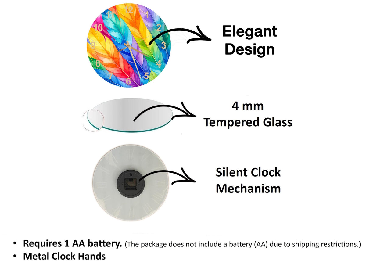 The image is a diagram that illustrates the features of a clock, including the type of glass used, the mechanism, and the battery requirements.