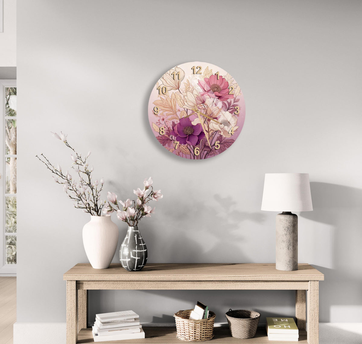 a table with a vase of flowers and a clock on the wall
