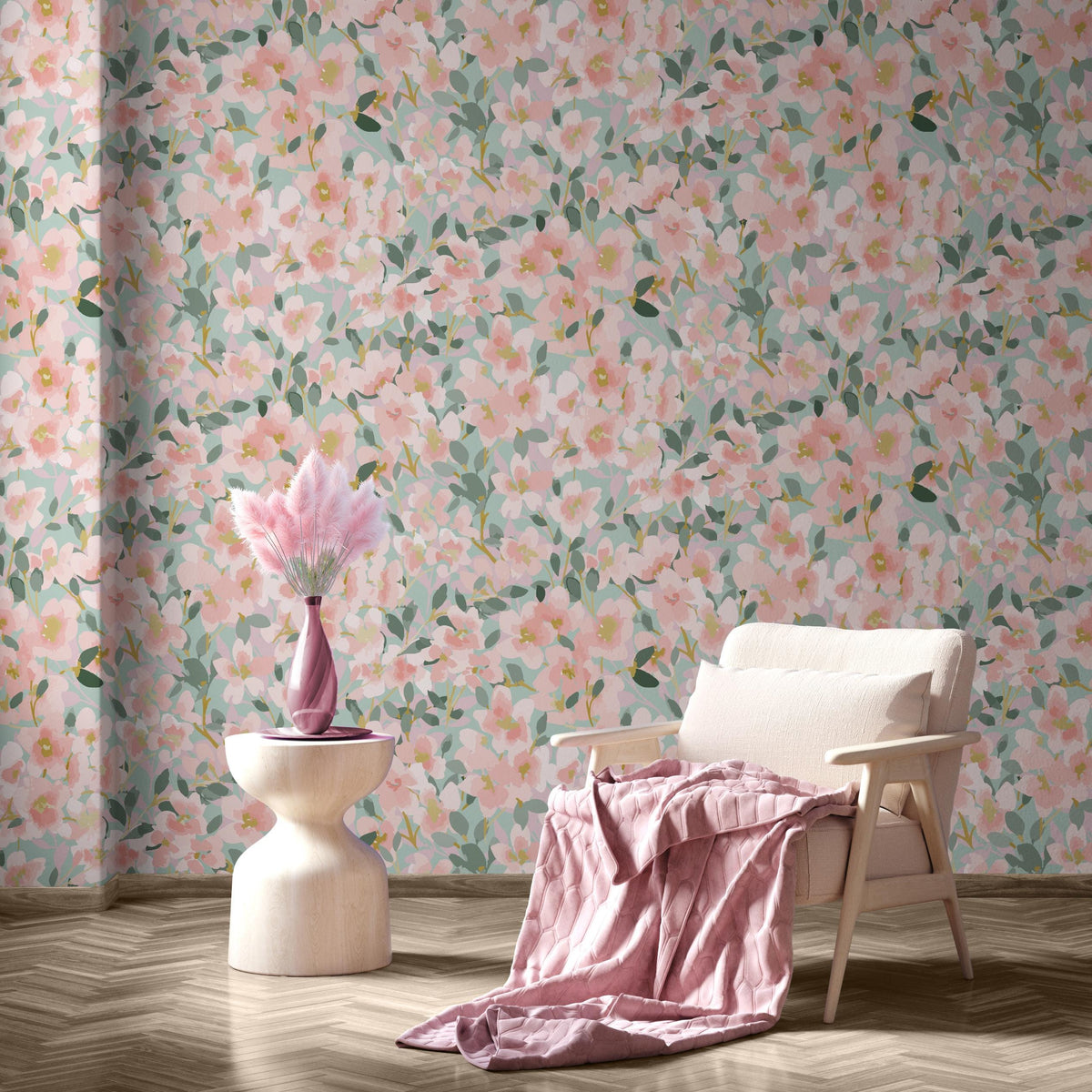 a cozy living room with a floral wallpaper, a white armchair, and a small side table with a pink vase and a pink blanket.