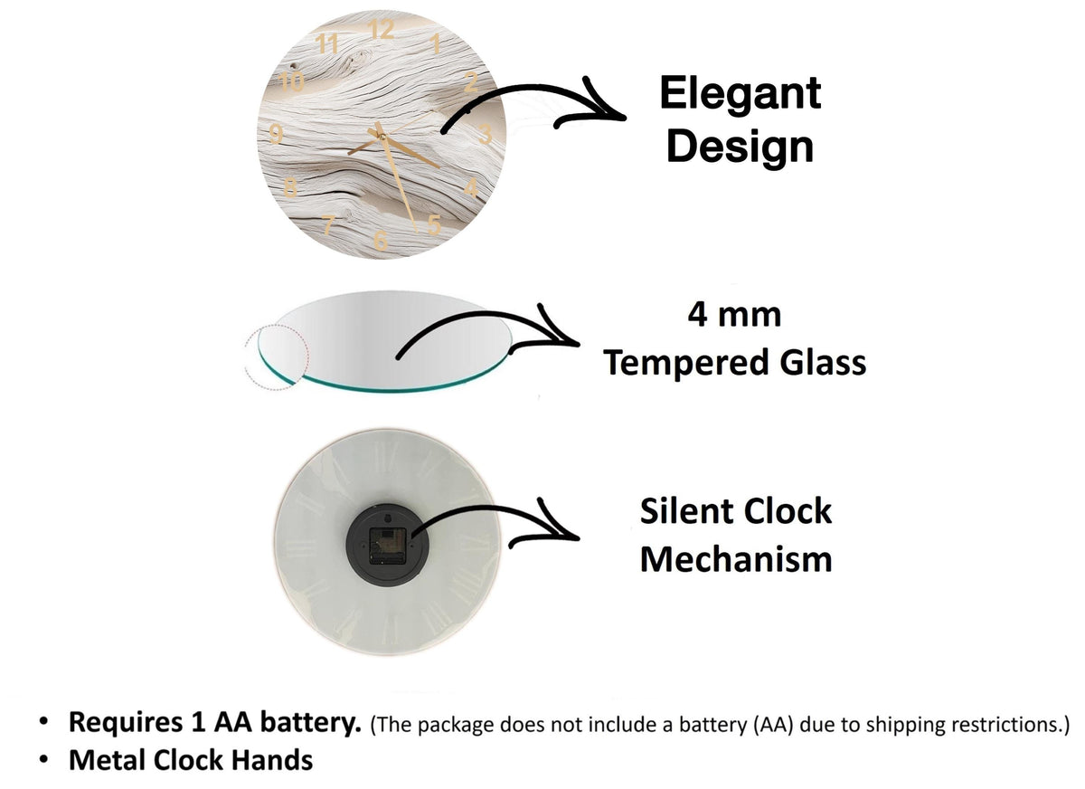 The image is a diagram that illustrates the features of a clock, including its design, materials, and mechanism.