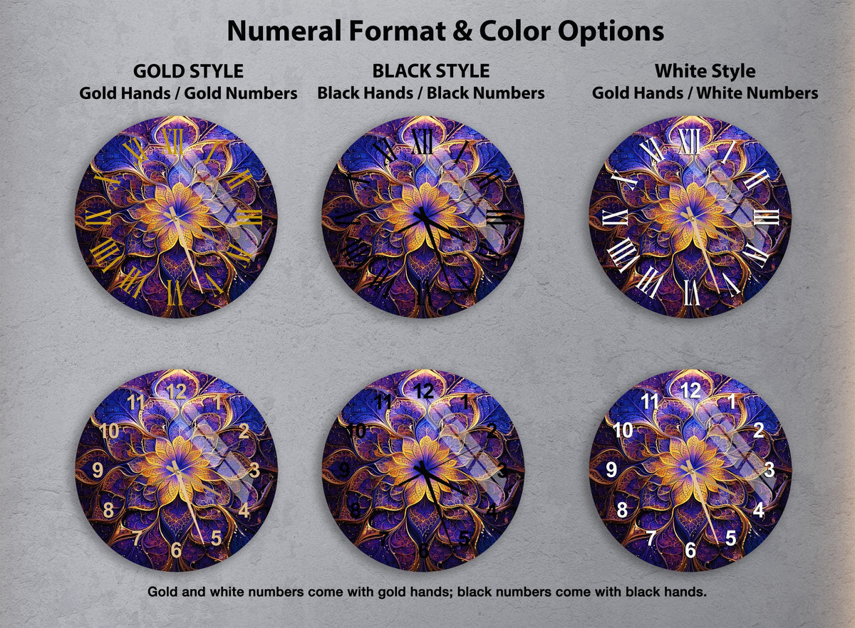a set of four clocks with different designs on them