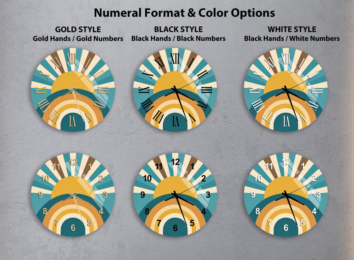 six different clock designs, each with a unique color scheme and style. The clocks are arranged in a grid format, with three rows and two columns. The clocks feature various color combinations, such as gold, black, white, and other vibrant hues. The clocks are designed with a sun-like pattern, adding a touch of creativity to their appearance.