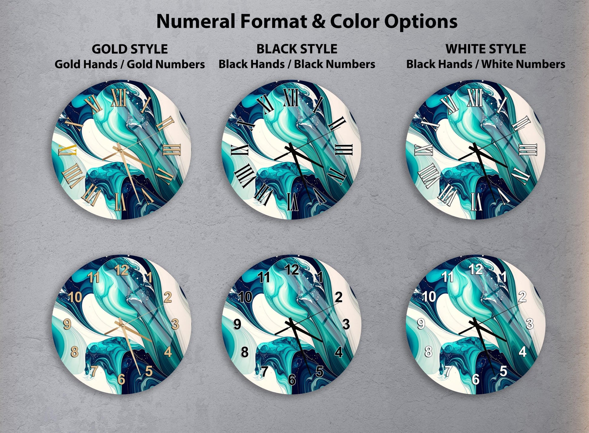 a collection of six clock faces with different styles and color options, including gold hands, black hands, black numbers, and white numbers.