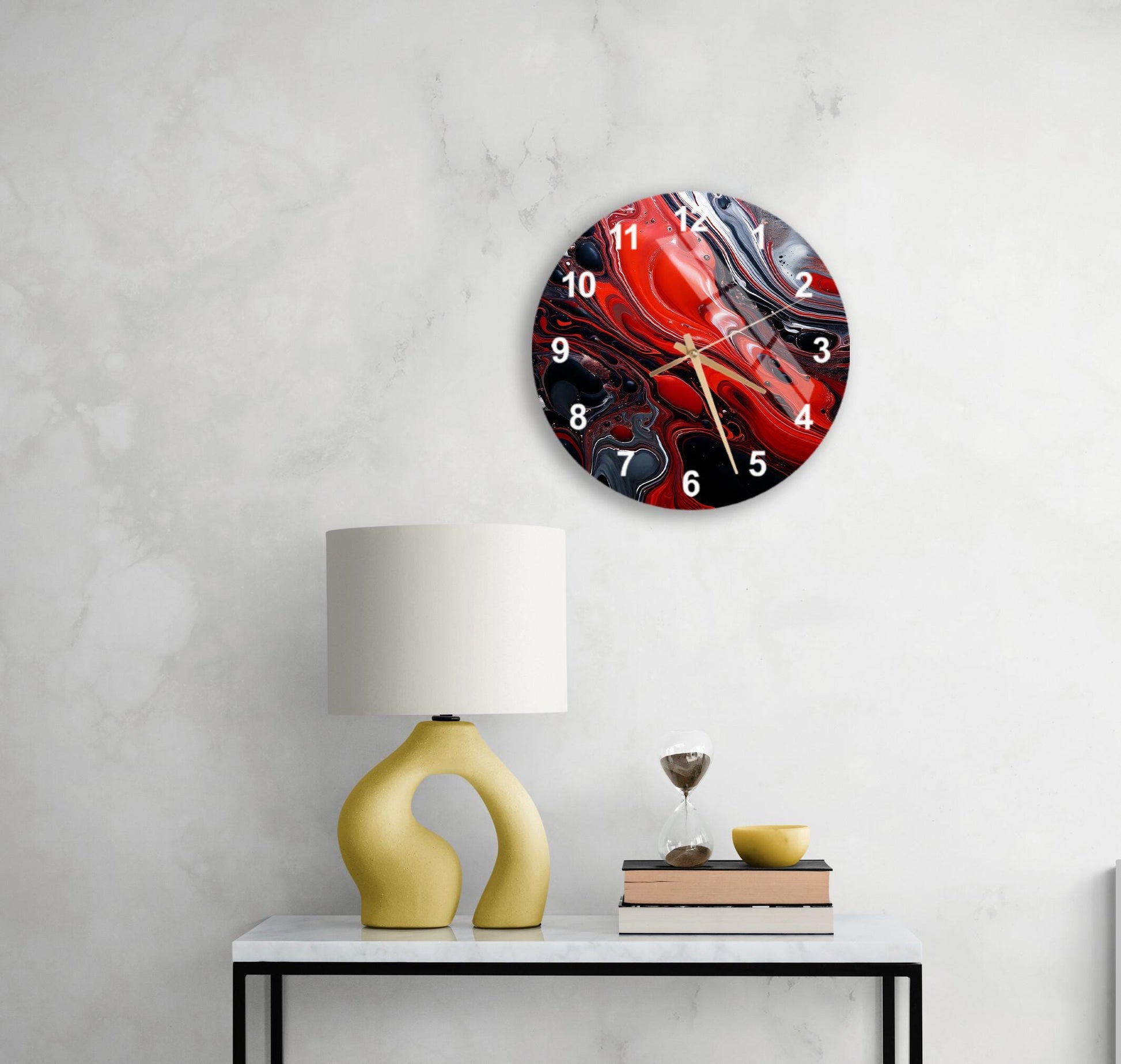 a white table with a lamp and a clock on it