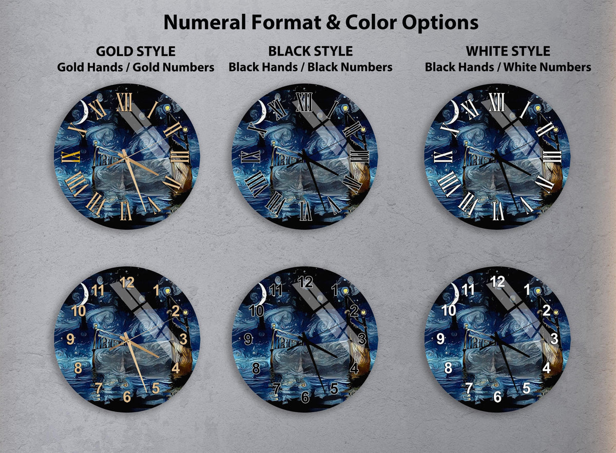 a collection of six clock faces, each with a different numeral format and color options. The clocks feature various styles, including gold hands and gold numbers, black hands and black numbers, and white hands and white numbers.