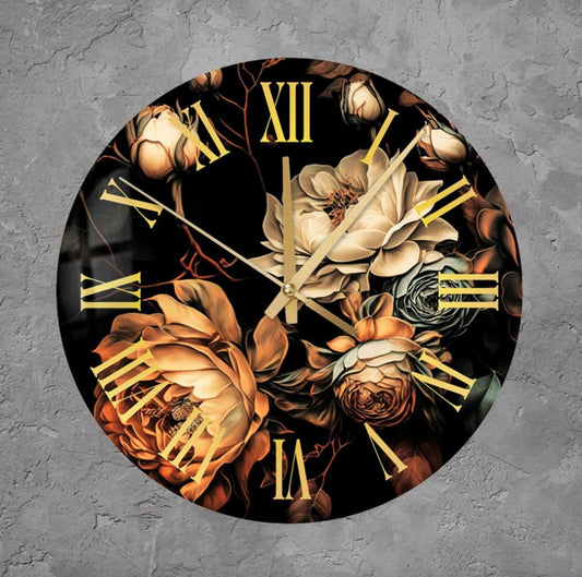 Glass Wall Clock - Floral Tempered Glass Clock | Silent Roman Numeral Timepiece