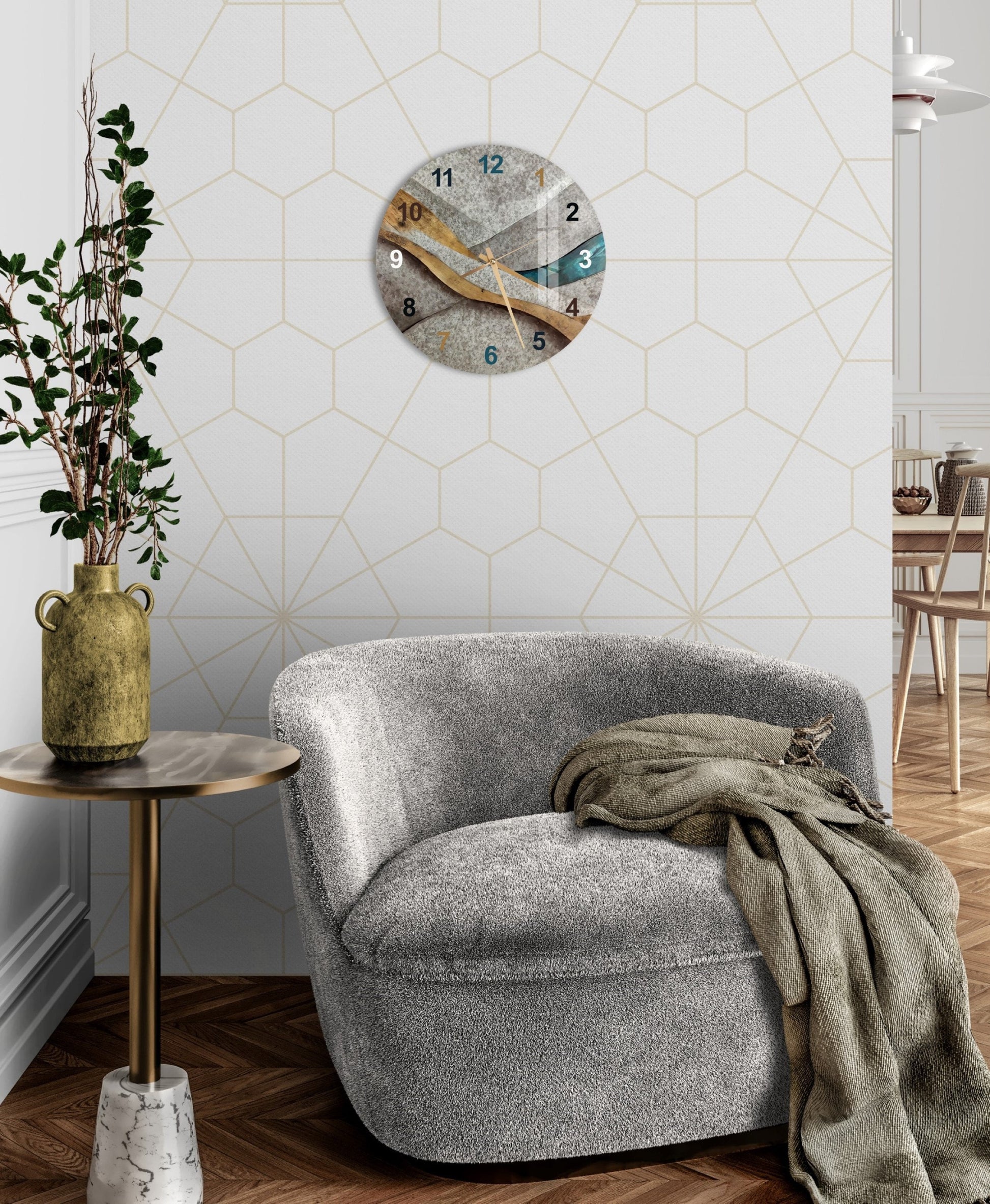 a living room with a couch and a clock on the wall