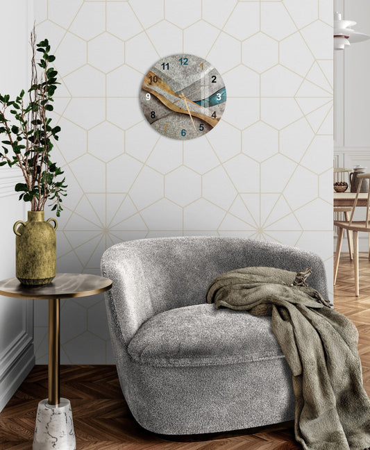 a living room with a couch and a clock on the wall