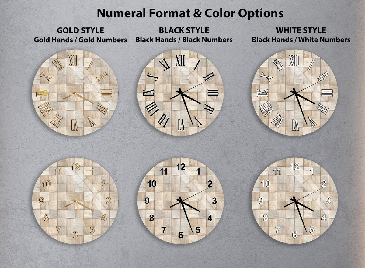 a collection of six different wall clocks, each with a unique design and color scheme. The clocks are arranged in a grid format, with two clocks in each row and two clocks in each column. The clocks feature various styles, including gold hands, gold numbers, black hands, black numbers, black hands/white numbers, and white hands/white numbers. The clocks are set against a neutral background, allowing the colors and designs to stand out.