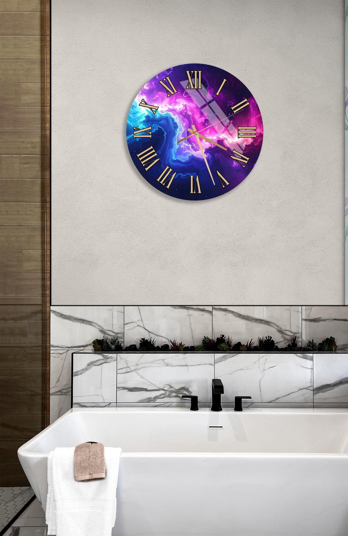 a bathroom with a white bathtub, a colorful wall clock, and a marble tile backsplash.