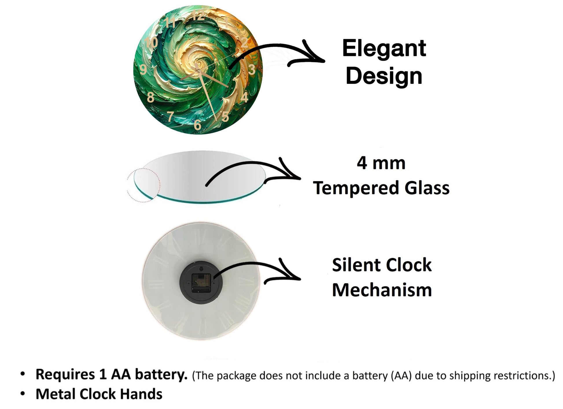 The image is a diagram that illustrates the features of a clock, including its design, materials, and mechanism.
