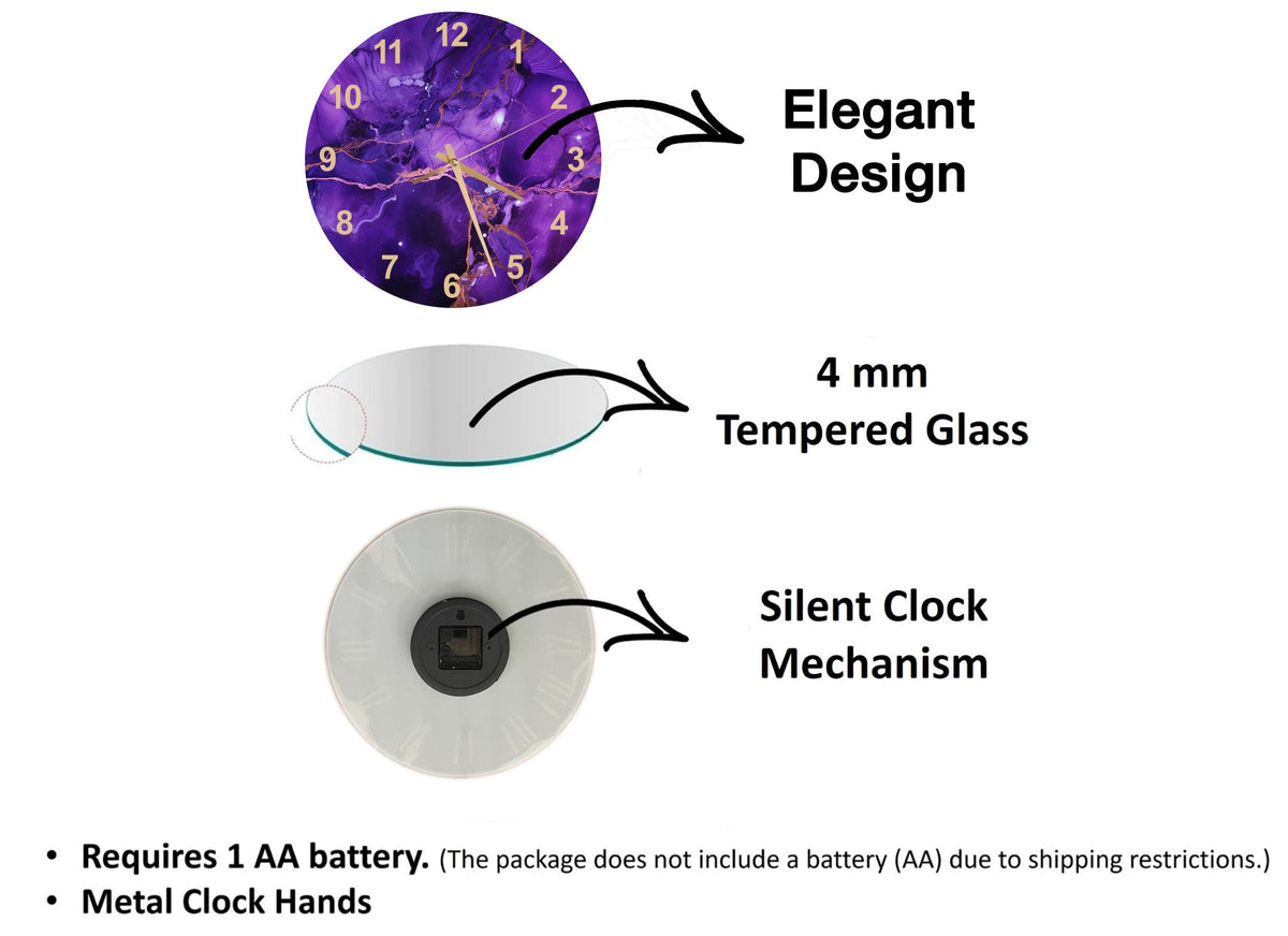 The image is a diagram that illustrates the features of a clock, including its design, materials, and mechanism. It shows a purple clock with a 4 mm Tempered Glass face, a 4 mm Silent Clock Mechanism, and a 1 AA battery. The diagram also indicates that the package does not include a battery (AA) due to shipping restrictions.