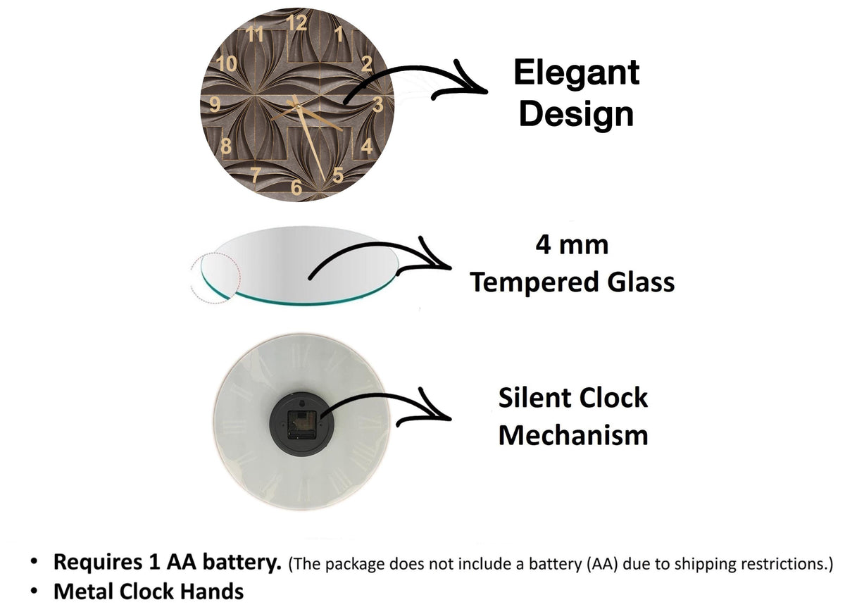The image is a diagram that illustrates the features of a clock, including its design, materials, and mechanism. It shows a 4 mm Tempered Glass clock, a silent clock mechanism, and a metal clock hand. The diagram also includes text that explains the features of the clock, such as the requirement of a 1 AA battery and the absence of a battery (AA) due to shipping restrictions.