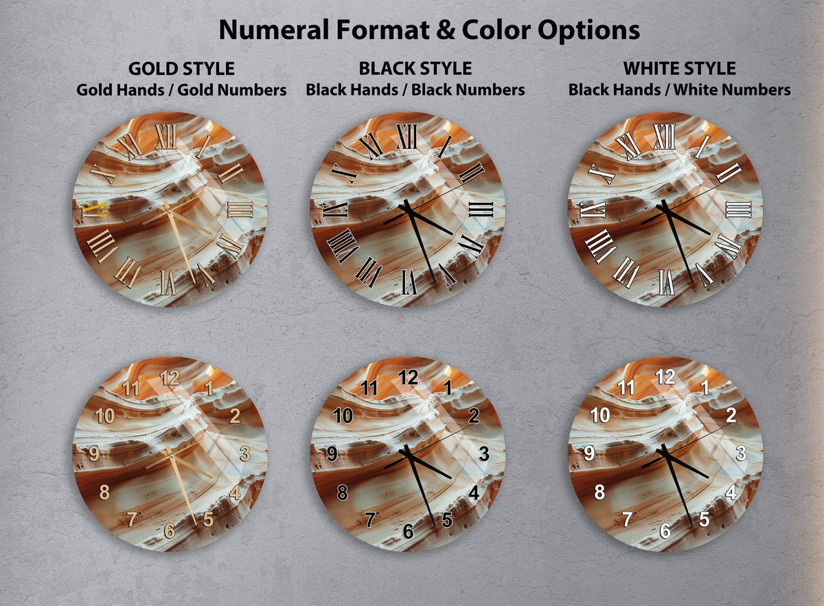 a collection of six wall clocks with different styles and color options, arranged in a grid format.
