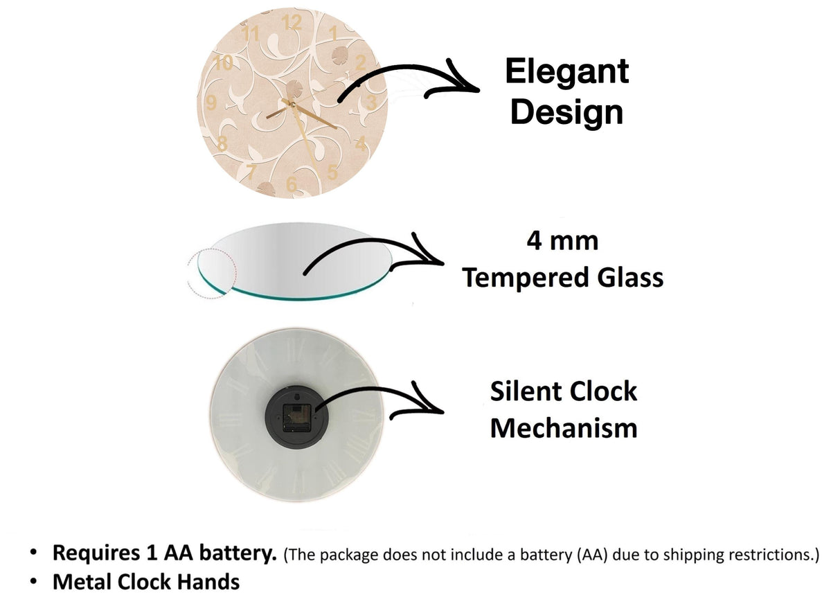 The image is a diagram that illustrates the features of a clock, including its design, materials, and mechanism.