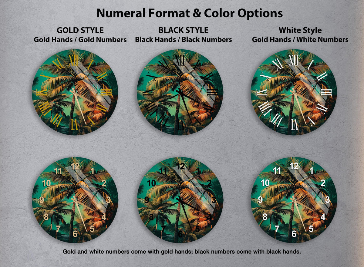 a set of four clocks with palm trees on them