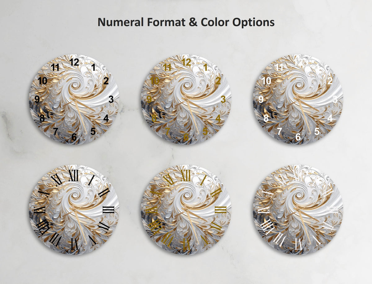 a set of four clock faces on a marble surface